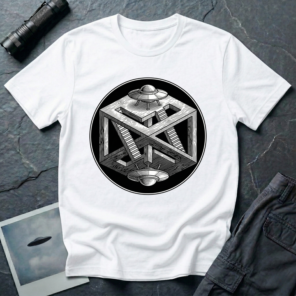 Escher UFO impossible geometry t-shirt — wood-engraved impossible cube with paradoxical staircases and two mirrored flying saucers inside a circular black medallion on white cotton tee