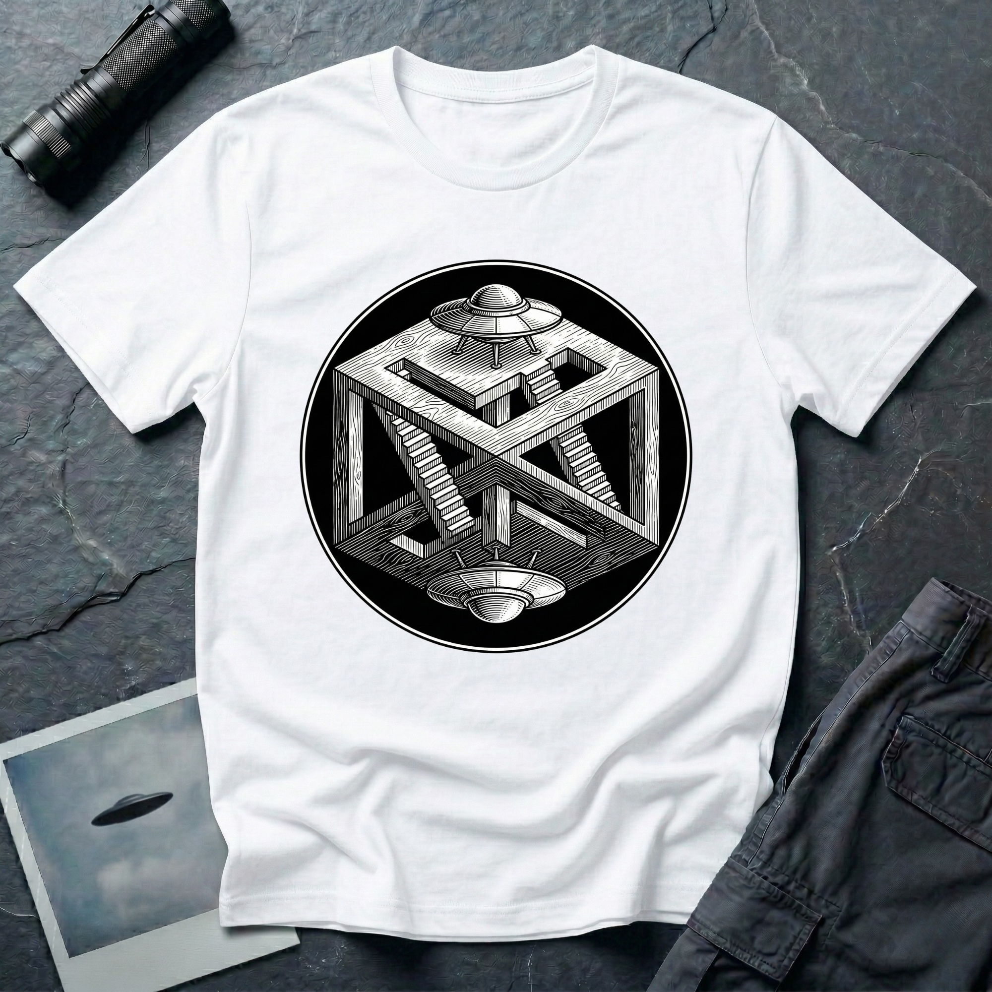 Escher UFO impossible geometry t-shirt — wood-engraved impossible cube with paradoxical staircases and two mirrored flying saucers inside a circular black medallion on white cotton tee