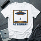 Aeternum Roman mosaic UFO t-shirt — flying saucer and abduction scene in blue and terracotta tile mosaic style on white cotton tee