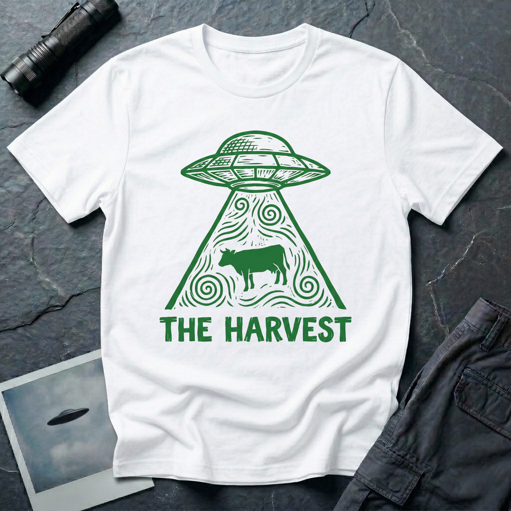 The Harvest dark folklore UFO t-shirt — linocut flying saucer with swirling beam abducting a lone cow in green on white cotton tee