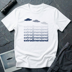 White t-shirt with three UFO saucer silhouettes in navy to grey gradient above the word extradimensional repeated six times in stacked bold type fading from grey to navy