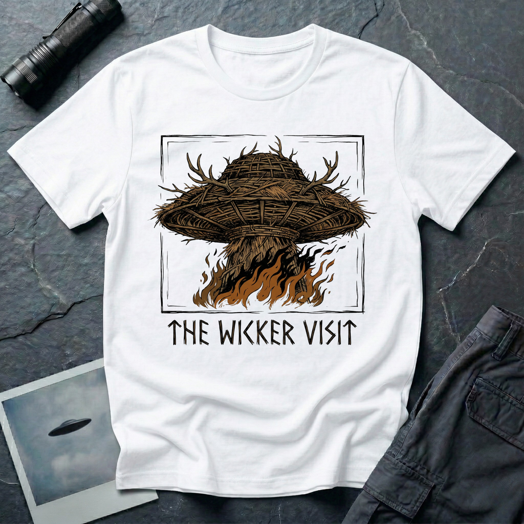 The Wicker Visit folk horror UFO t-shirt — woven wicker flying saucer with antler crown burning in orange flames on white cotton tee