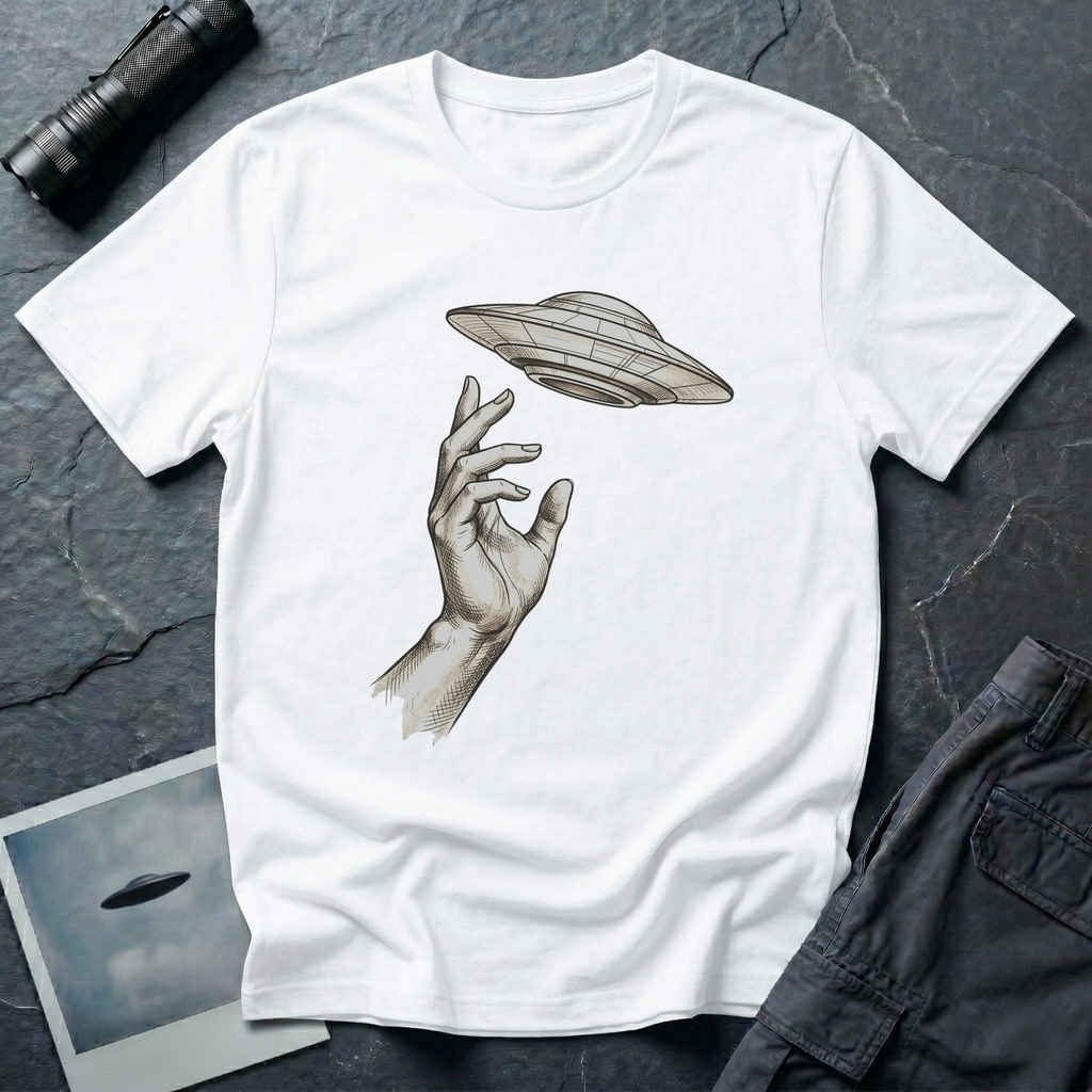 Da Vinci's UFO Renaissance t-shirt — classical ink sketch of a hand reaching for a flying saucer on white unisex cotton tee
