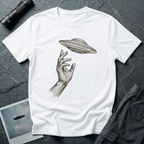 Da Vinci's UFO Renaissance t-shirt — classical ink sketch of a hand reaching for a flying saucer on white unisex cotton tee