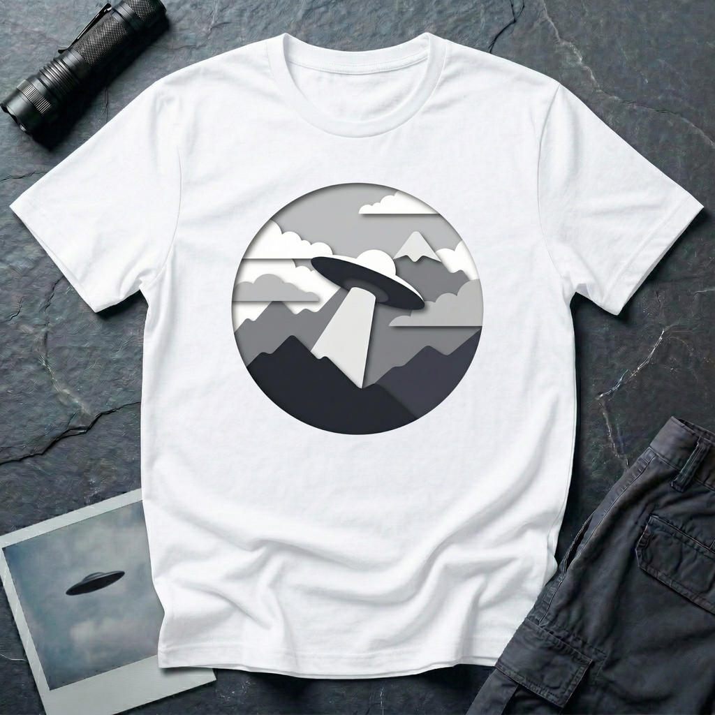 Papercut UFO t-shirt — layered paper-craft illustration of flying saucer over mountains and clouds in grey monochrome on white cotton tee