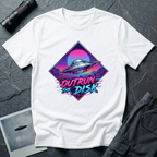 Outrun The Disk synthwave UFO t-shirt — chrome saucer across neon grid landscape with wireframe sun and retrowave typography on white cotton tee