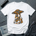 Cubist Cow geometric cow abduction t-shirt — flying saucer and suspended cow rendered in angular faceted planes of orange, grey, and white triangular geometric fragments on white cotton tee