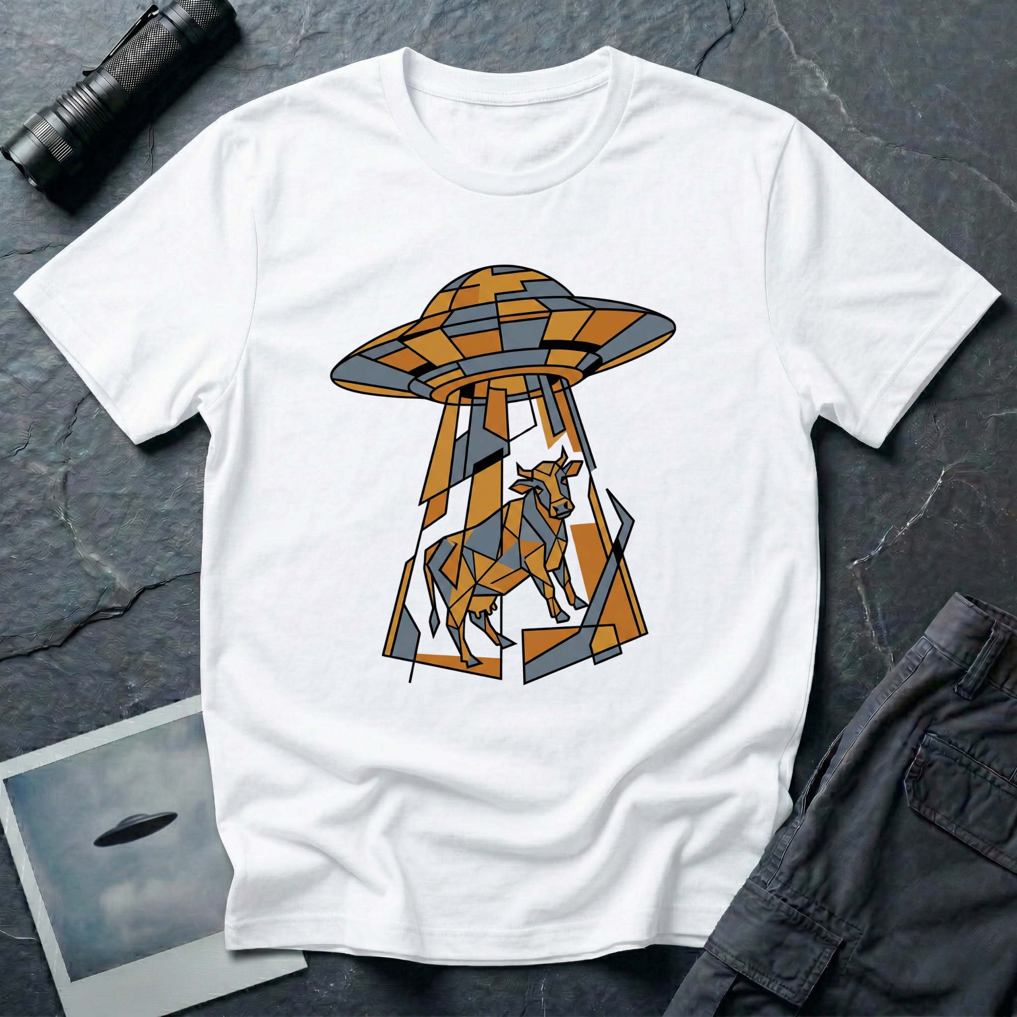 Cubist Cow geometric cow abduction t-shirt — flying saucer and suspended cow rendered in angular faceted planes of orange, grey, and white triangular geometric fragments on white cotton tee