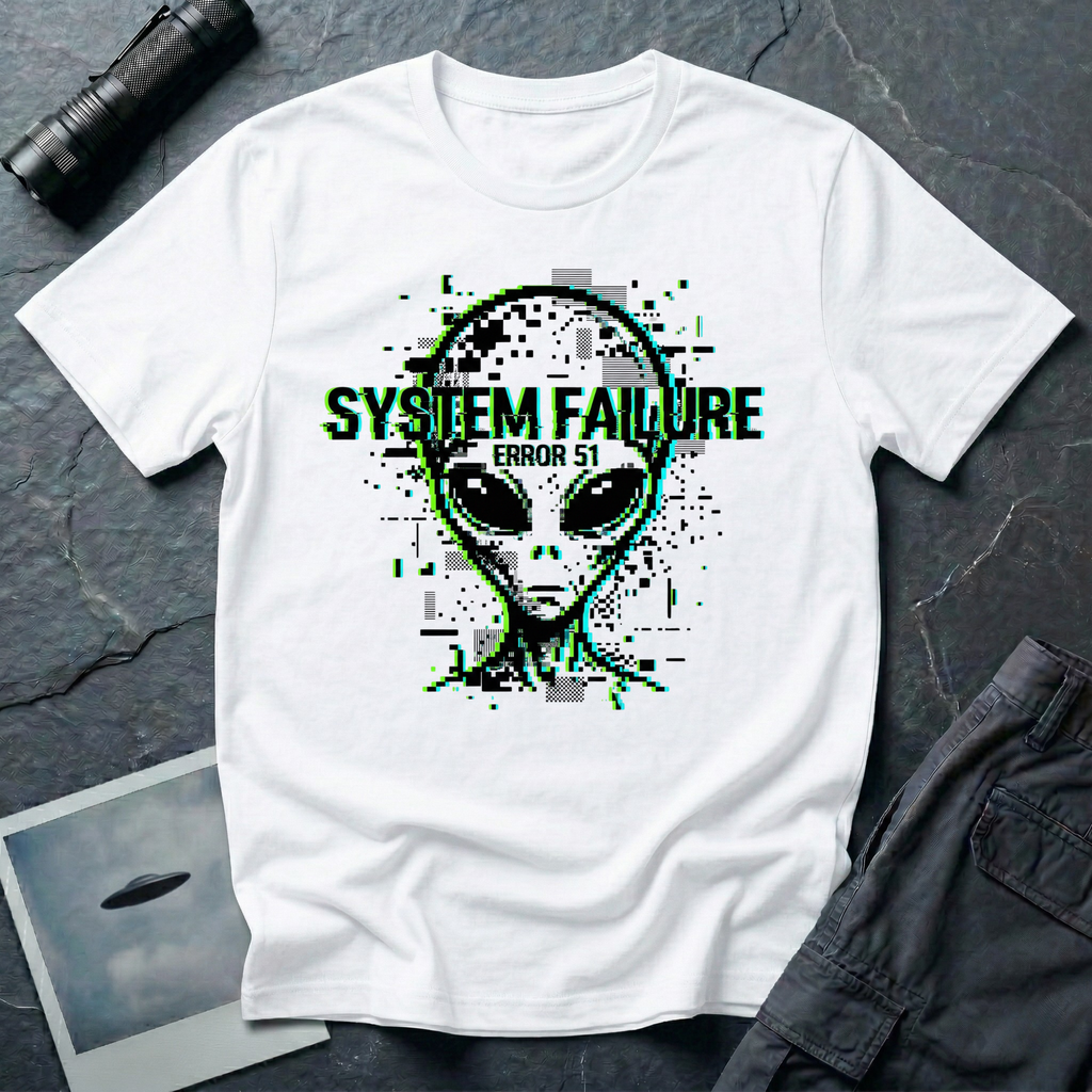 System Failure simulation UFO t-shirt — grey alien head fragmenting into pixel debris with chromatic glitch and "Error 51" on white cotton tee