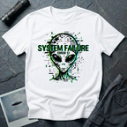 System Failure simulation UFO t-shirt — grey alien head fragmenting into pixel debris with chromatic glitch and "Error 51" on white cotton tee