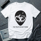 The Truth Is Out There alien head t-shirt — alien silhouette filled with mountains, pine forest and flying saucer on white cotton tee