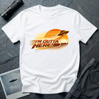 I'm Outta Here retro 80s UFO t-shirt — flying saucer speeding across striped sunset with vintage gradient type on white unisex cotton tee