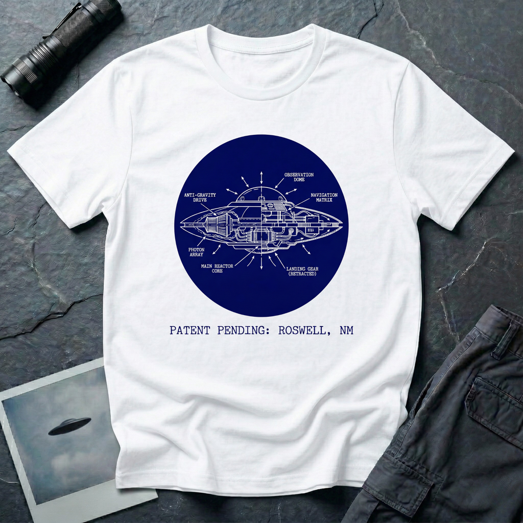 Patent Pending Roswell blueprint UFO t-shirt — navy circular cutaway diagram of flying saucer with labelled components on white cotton tee