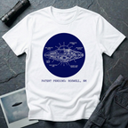 Patent Pending Roswell blueprint UFO t-shirt — navy circular cutaway diagram of flying saucer with labelled components on white cotton tee