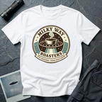 Milky Way Roasters coffee UFO t-shirt — vintage roaster badge with steaming cup on flying saucer and "Stay Grounded Drink Space Coffee" tagline on white cotton tee