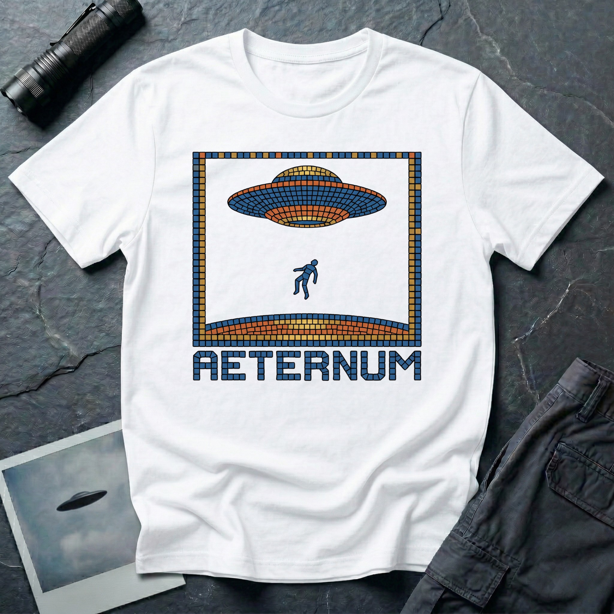Aeternum Roman mosaic UFO t-shirt — flying saucer and abduction scene in blue and terracotta tile mosaic style on white cotton tee