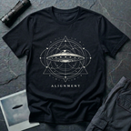 Alignment sacred geometry UFO t-shirt — flying saucer at the centre of a cosmological diagram with triangles and orbital rings in white on black cotton tee