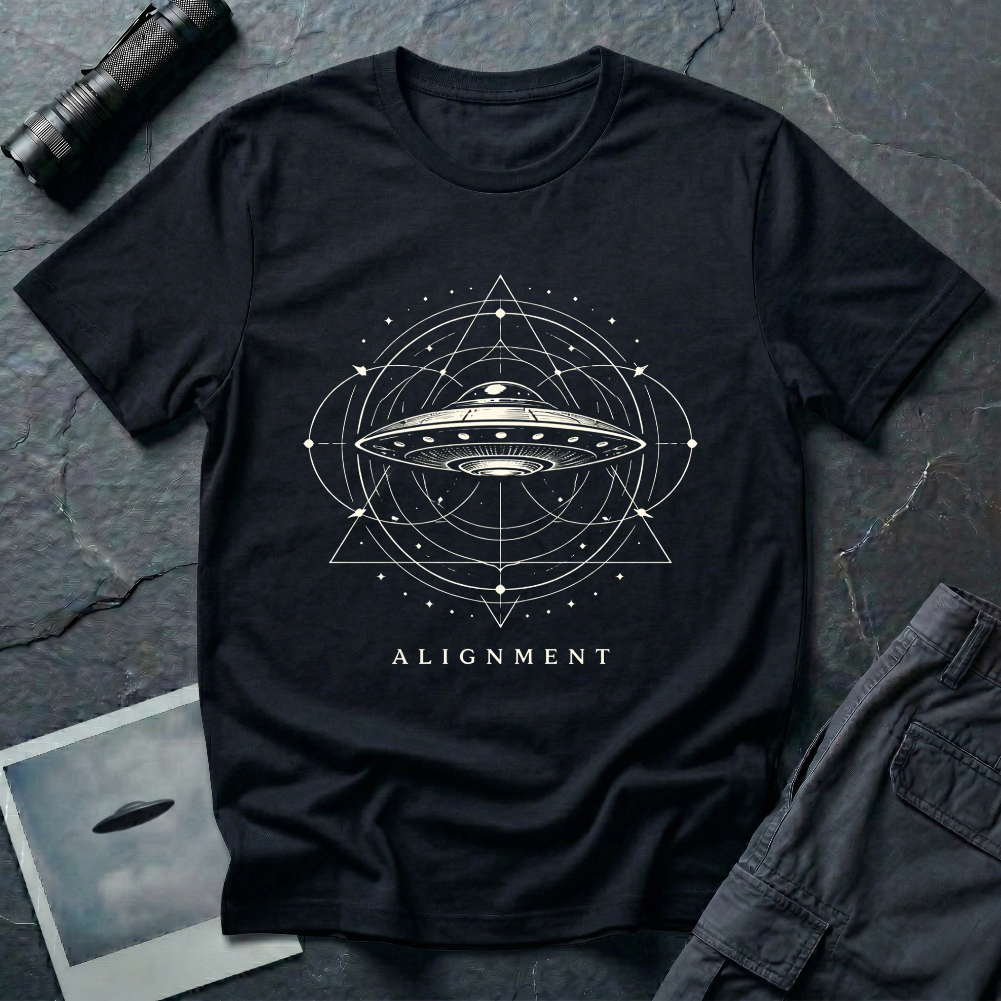 Alignment sacred geometry UFO t-shirt — flying saucer at the centre of a cosmological diagram with triangles and orbital rings in white on black cotton tee