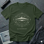 Alignment sacred geometry UFO t-shirt — flying saucer at the centre of a cosmological diagram with triangles and orbital rings in cream on military green cotton tee