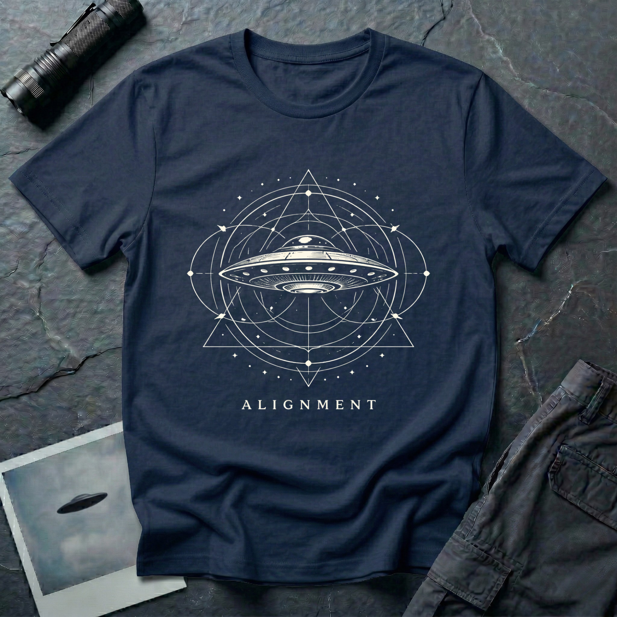 Alignment sacred geometry UFO t-shirt — flying saucer at the centre of a cosmological diagram with triangles and orbital rings in cream on navy cotton tee