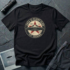 Area 51 Flight Club UFO t-shirt with saucer and red star on vintage stamp badge, black