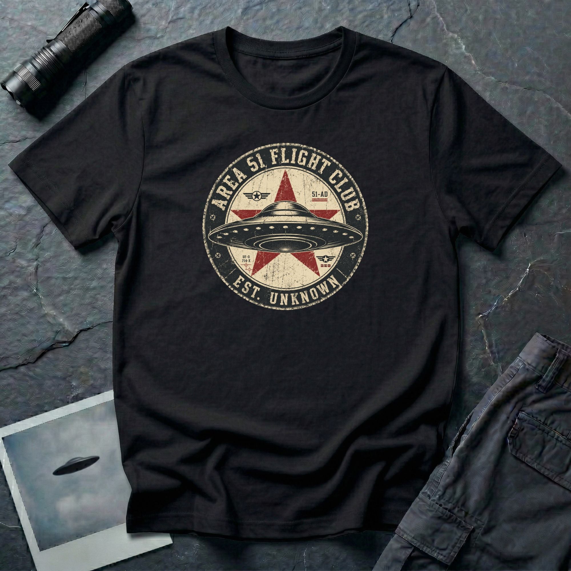 Area 51 Flight Club UFO t-shirt with saucer and red star on vintage stamp badge, black