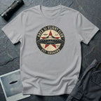 Area 51 Flight Club UFO t-shirt with saucer and red star on vintage stamp badge, grey