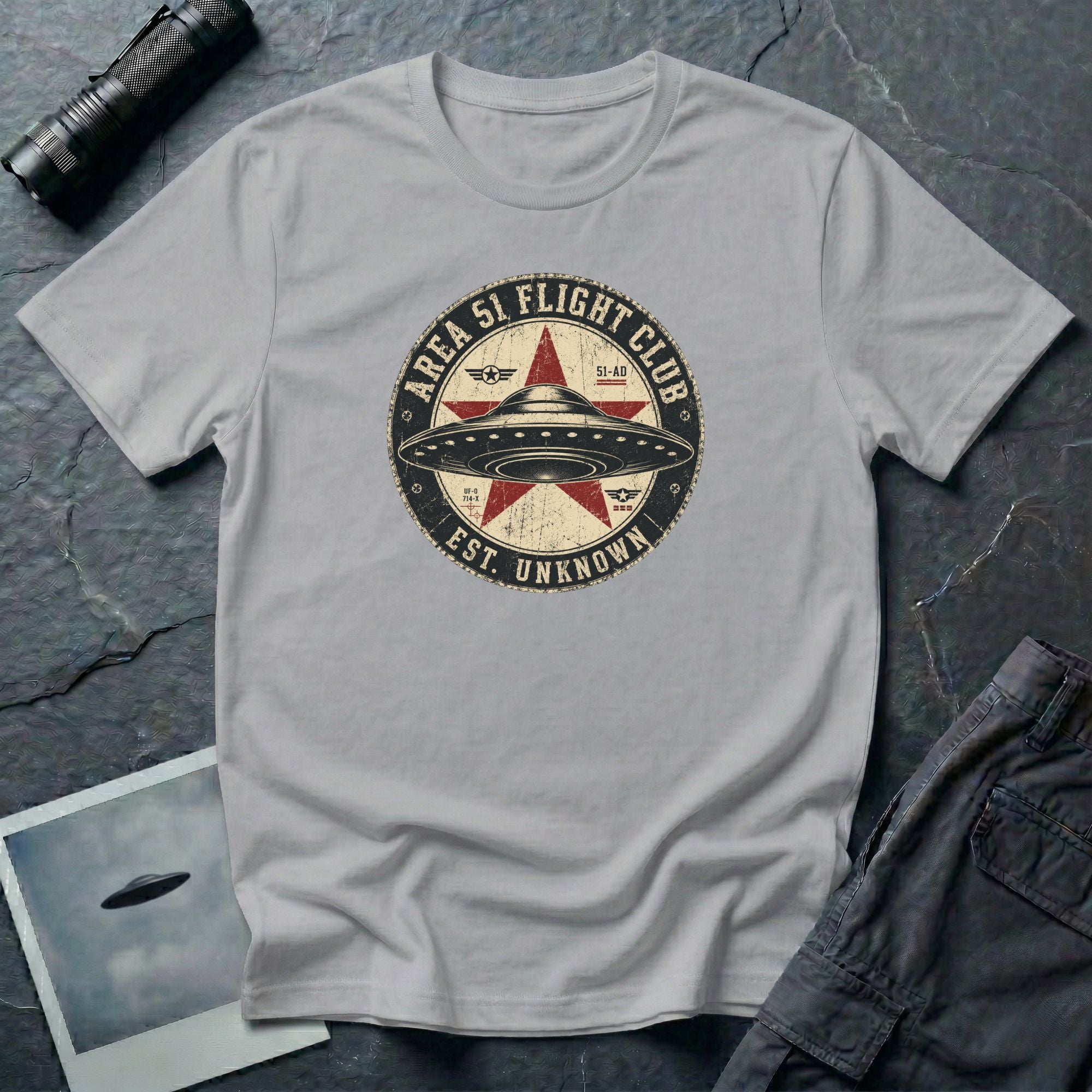 Area 51 Flight Club UFO t-shirt with saucer and red star on vintage stamp badge, grey