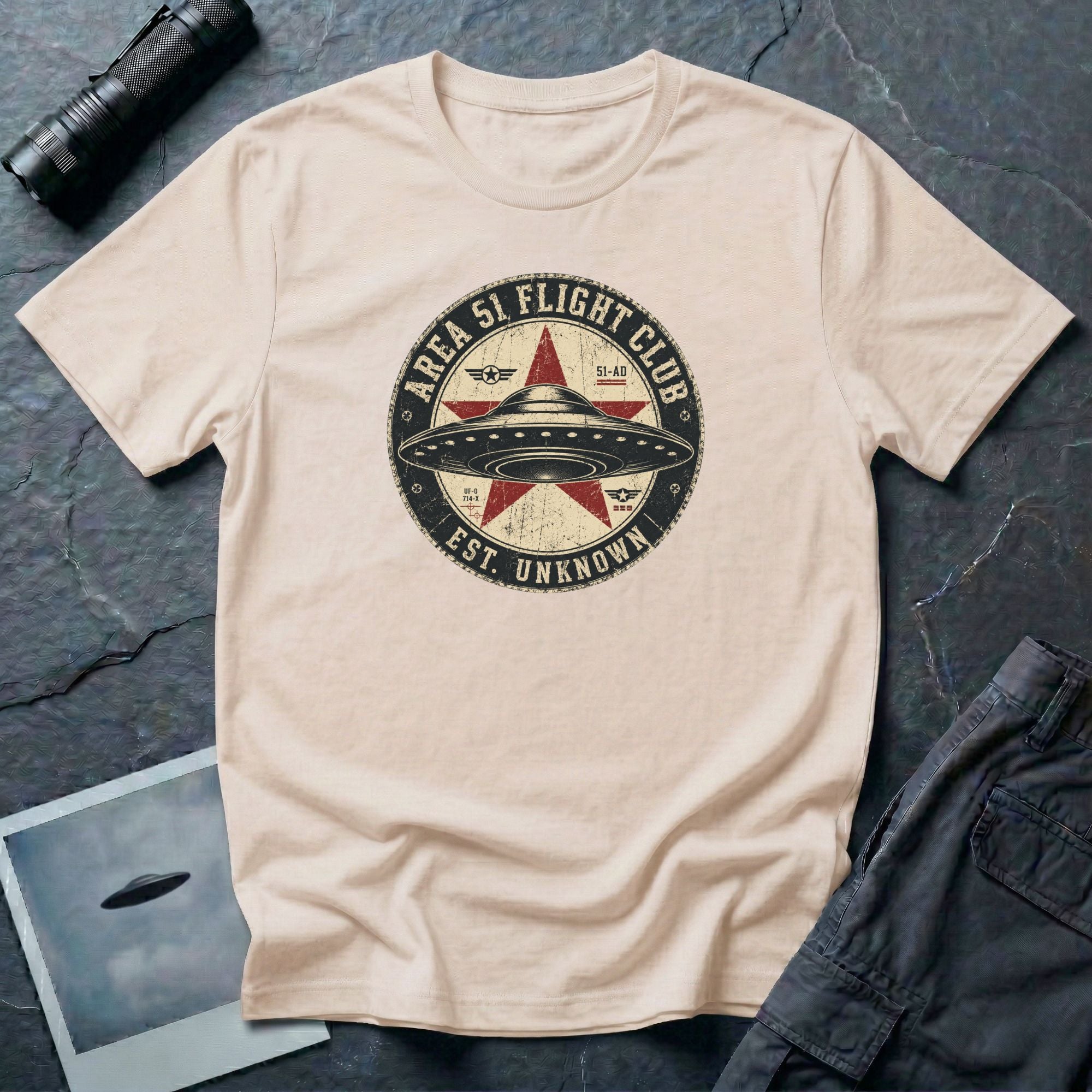 Area 51 Flight Club UFO t-shirt with saucer and red star on vintage stamp badge, natural
