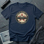 Area 51 Flight Club UFO t-shirt with saucer and red star on vintage stamp badge, navy blue