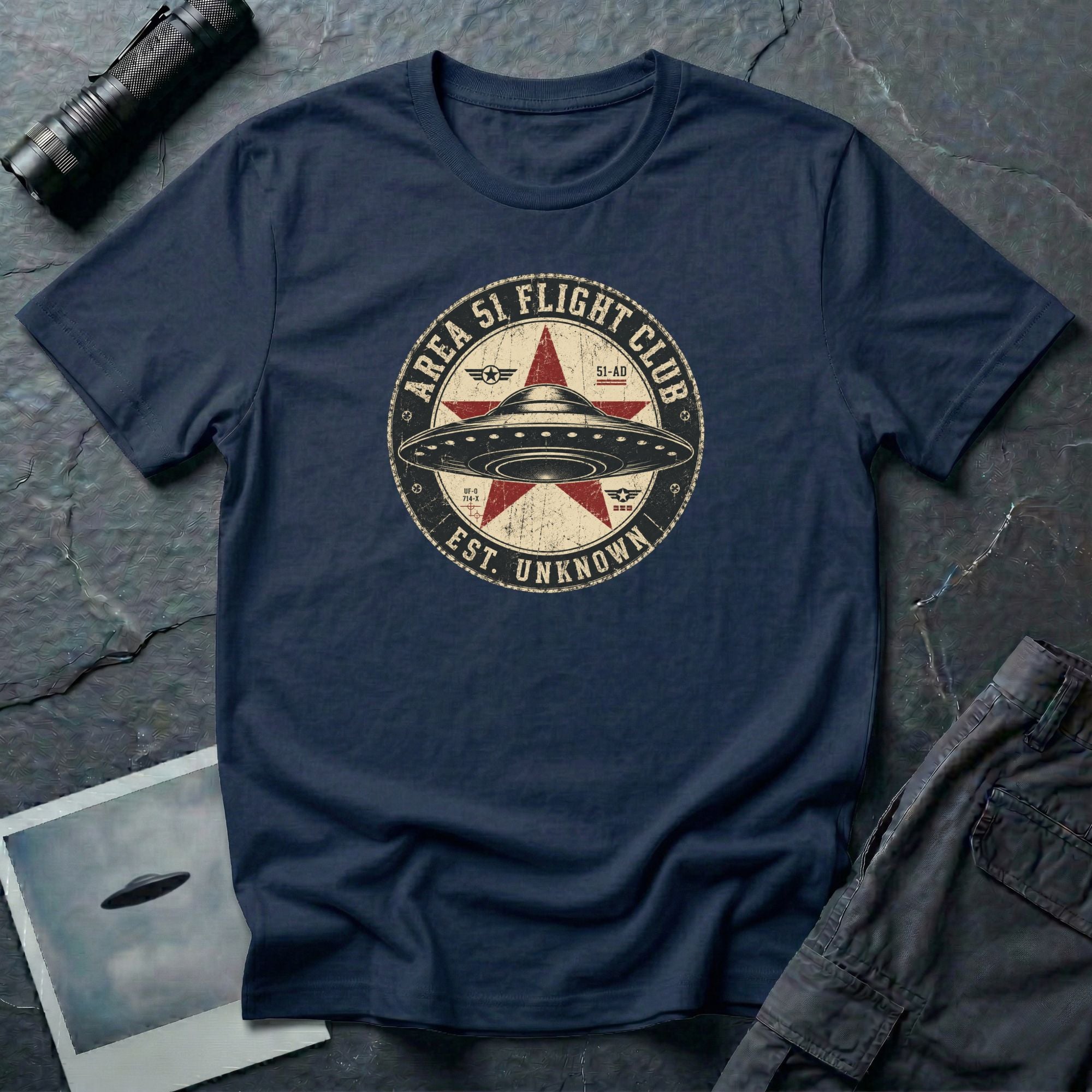 Area 51 Flight Club UFO t-shirt with saucer and red star on vintage stamp badge, navy blue