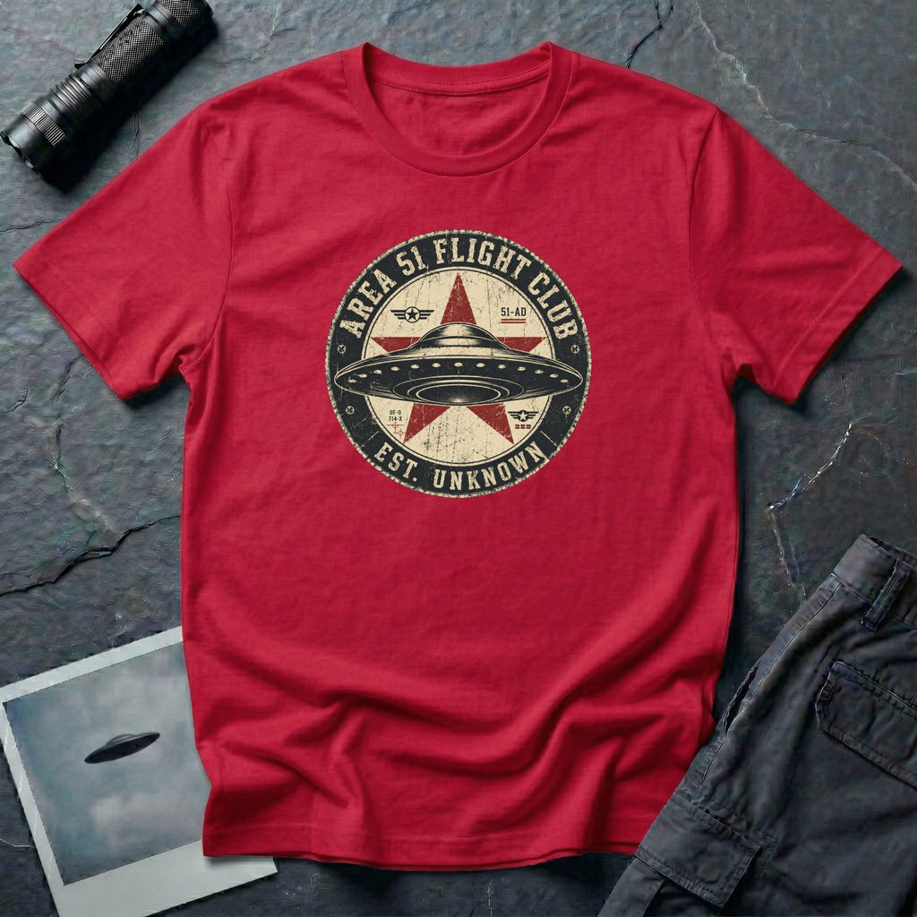 Area 51 Flight Club UFO t-shirt with saucer and red star on vintage stamp badge, red