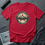 Area 51 Flight Club UFO t-shirt with saucer and red star on vintage stamp badge, red