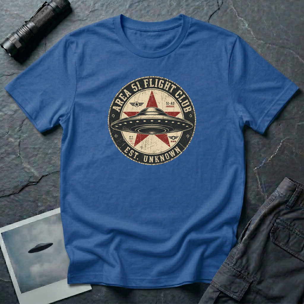 Area 51 Flight Club UFO t-shirt with saucer and red star on vintage stamp badge, royal blue