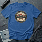 Area 51 Flight Club UFO t-shirt with saucer and red star on vintage stamp badge, royal blue