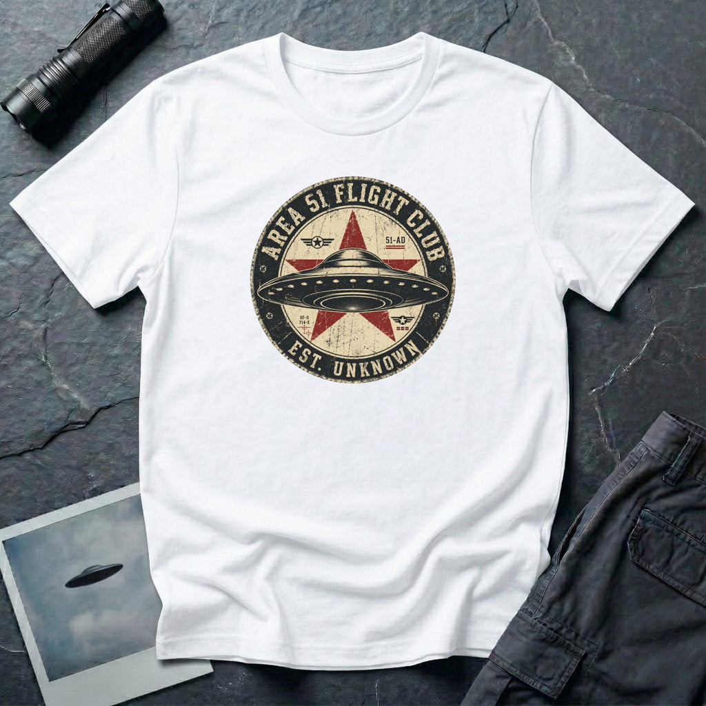 Area 51 Flight Club UFO t-shirt with saucer and red star on vintage stamp badge, white