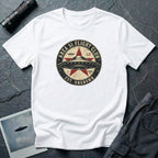 Area 51 Flight Club UFO t-shirt with saucer and red star on vintage stamp badge, white