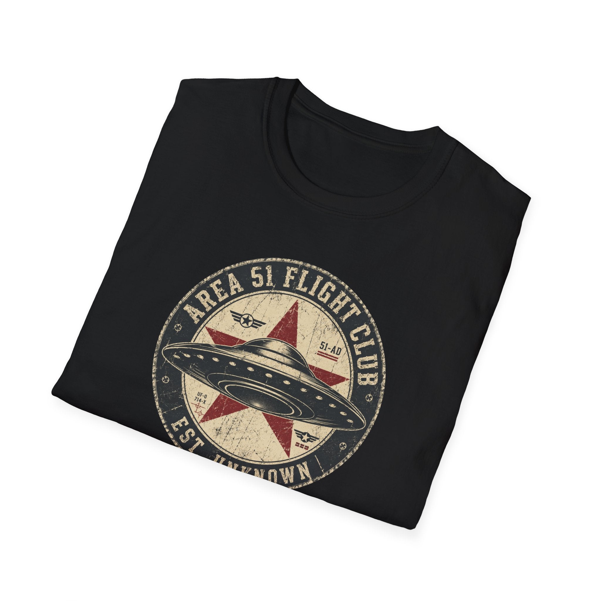 Area 51 Flight Club UFO t-shirt with saucer and red star on vintage stamp badge, black