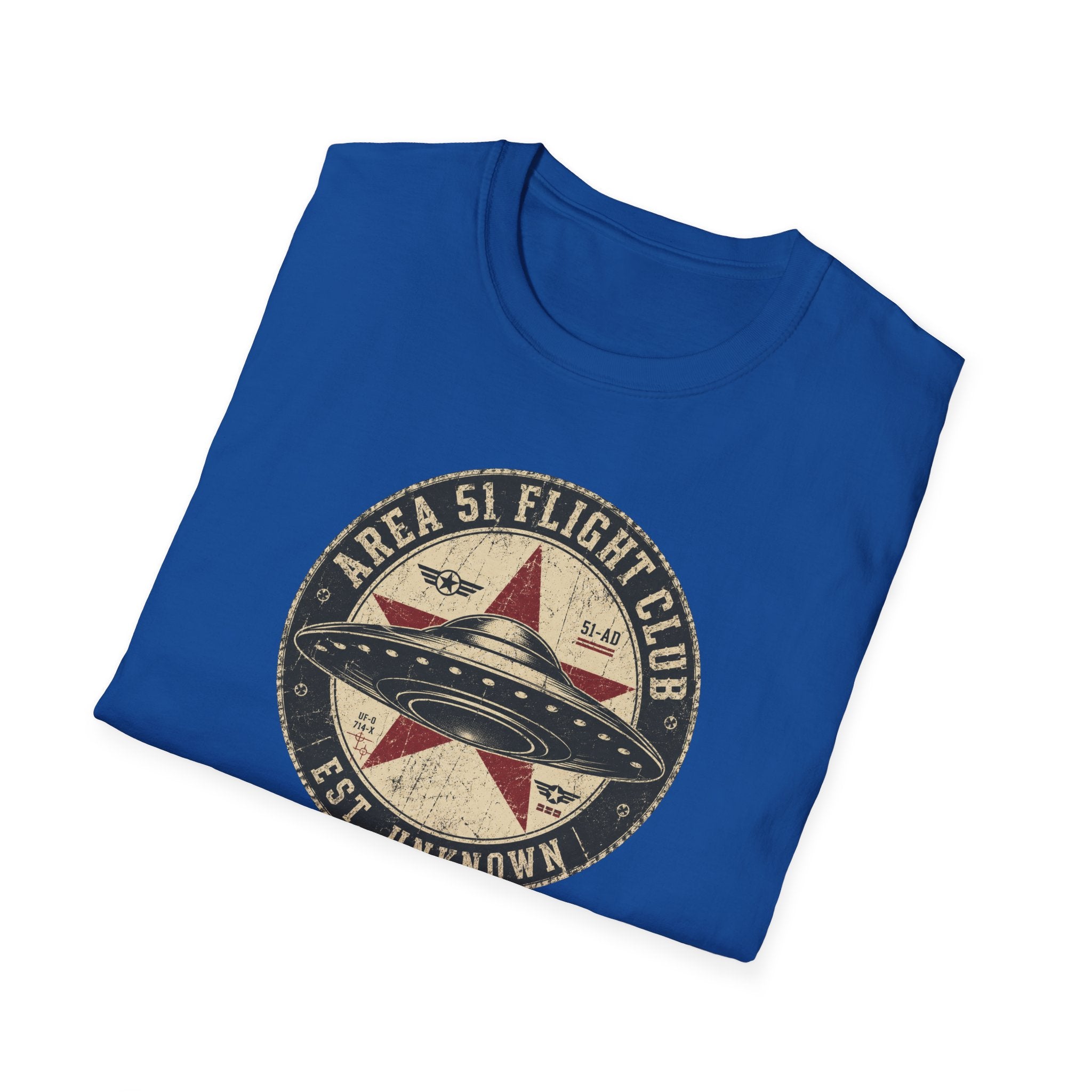 Area 51 Flight Club UFO t-shirt with saucer and red star on vintage stamp badge, blue