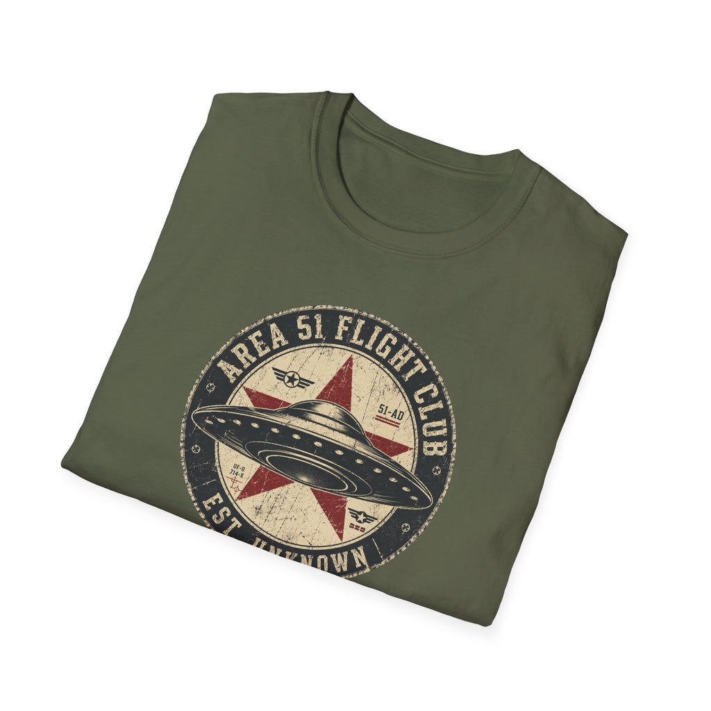Area 51 Flight Club UFO t-shirt with saucer and red star on vintage stamp badge, military green