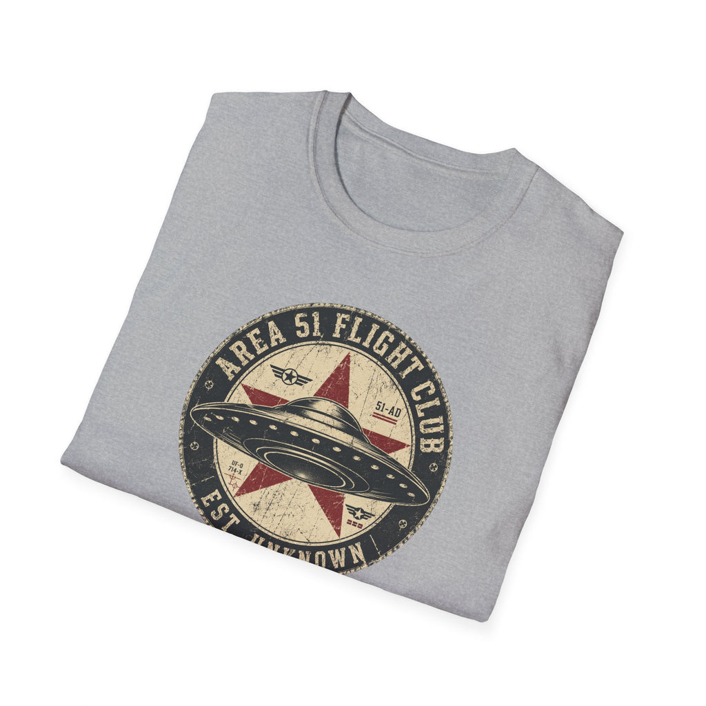 Area 51 Flight Club UFO t-shirt with saucer and red star on vintage stamp badge, grey