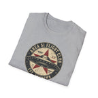 Area 51 Flight Club UFO t-shirt with saucer and red star on vintage stamp badge, grey