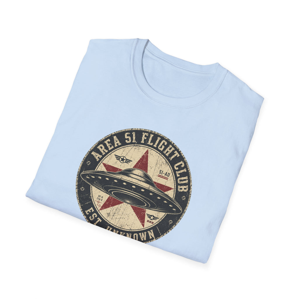 Area 51 Flight Club UFO t-shirt with saucer and red star on vintage stamp badge, light blue