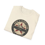Area 51 Flight Club UFO t-shirt with saucer and red star on vintage stamp badge, natural