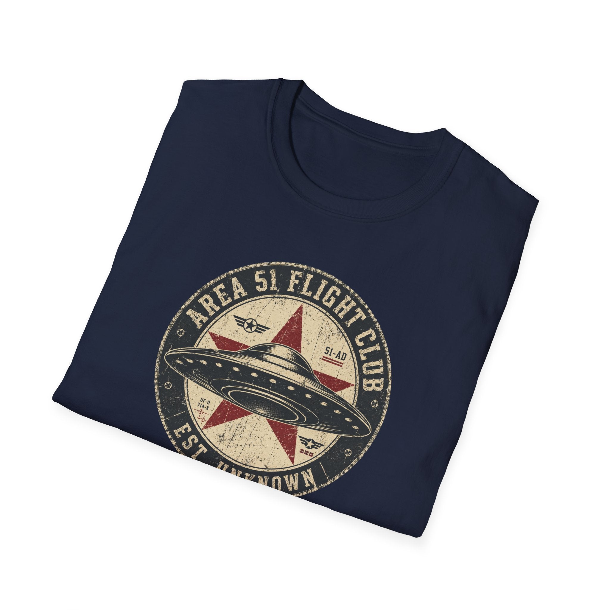 Area 51 Flight Club UFO t-shirt with saucer and red star on vintage stamp badge, navy blue