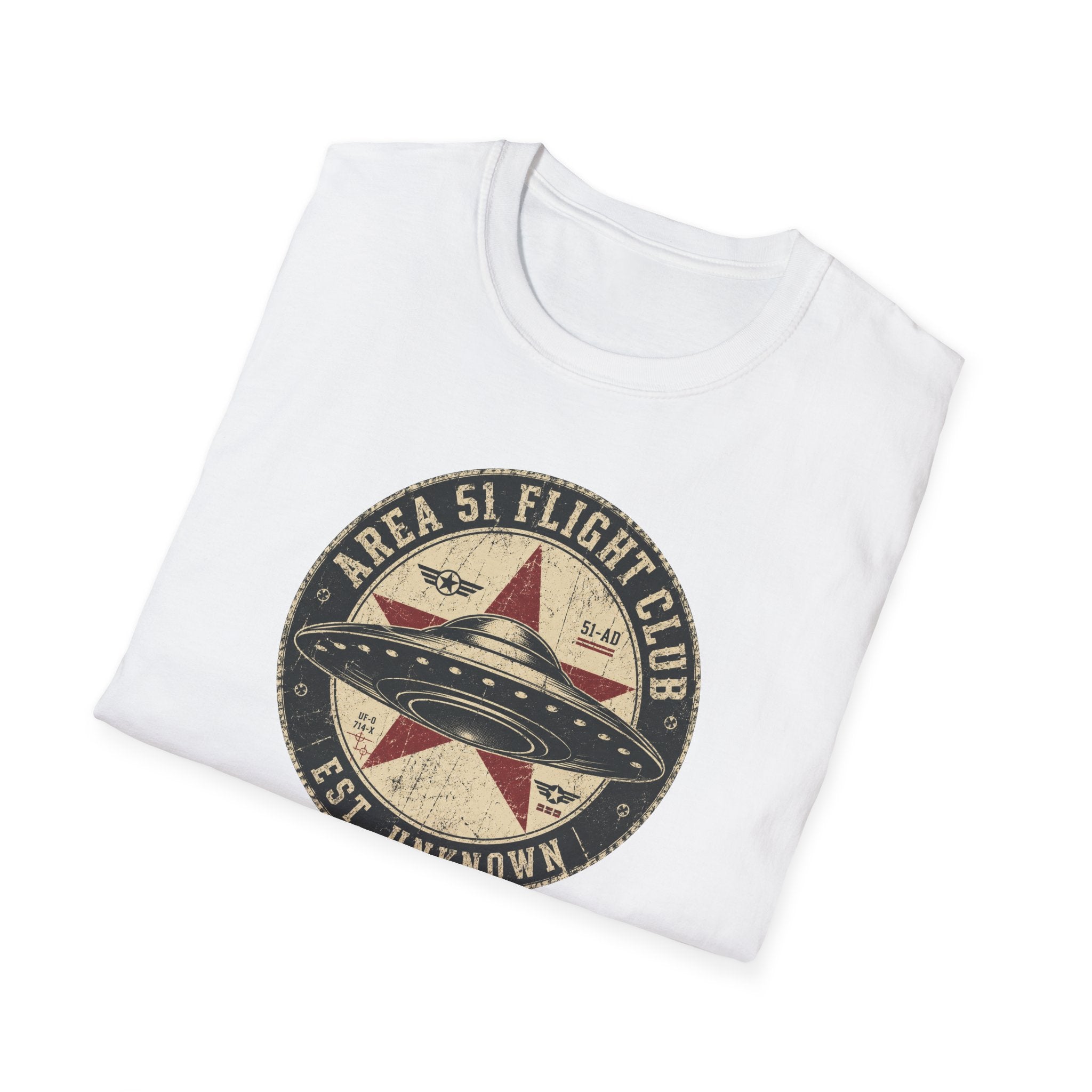Area 51 Flight Club UFO t-shirt with saucer and red star on vintage stamp badge, white