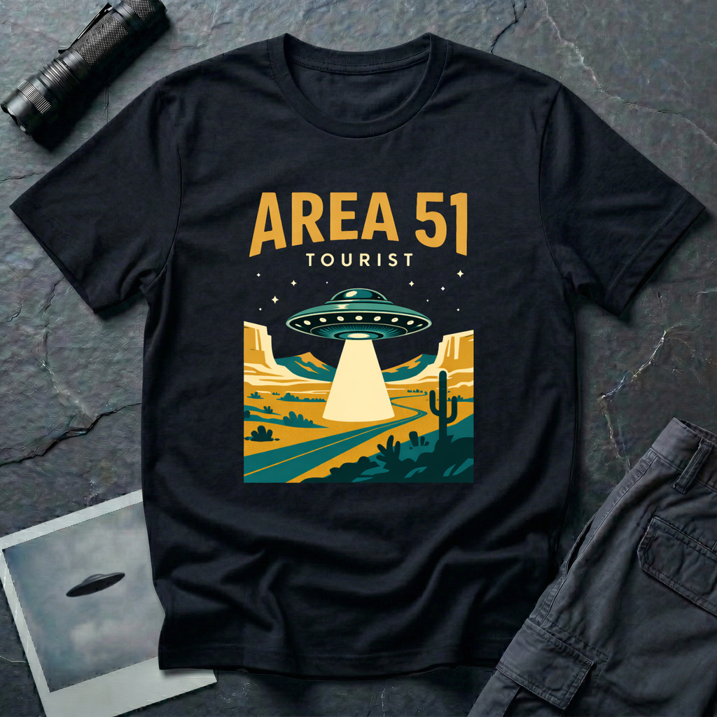 Black t-shirt with vintage flat-graphic illustration of a saucer beaming light over a Nevada desert highway with AREA 51 TOURIST text in gold and white
