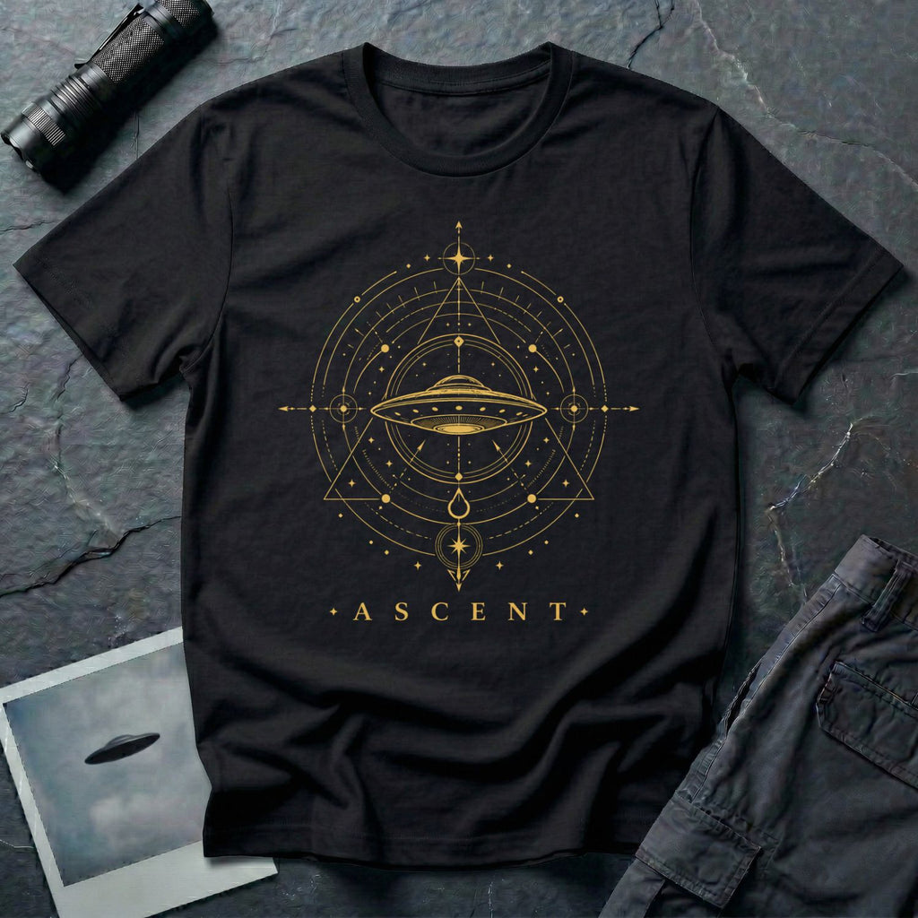 Black UFO t-shirt with a flying saucer inside an upward-pointing sacred geometry triangle and compass with the word ASCENT in gold