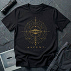 Black UFO t-shirt with a flying saucer inside an upward-pointing sacred geometry triangle and compass with the word ASCENT in gold