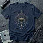 Navy blue UFO t-shirt with a flying saucer inside an upward-pointing sacred geometry triangle and compass with the word ASCENT in gold